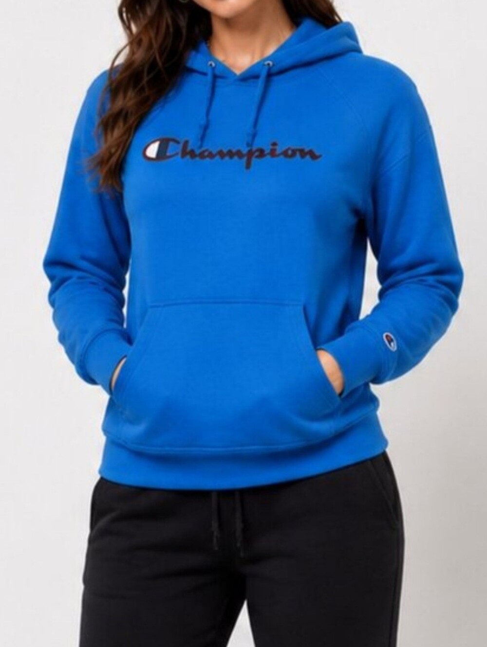 Champion Women's Hoodie Blue Script Logo Pullover Sweatshirt Size M Long Sleeve